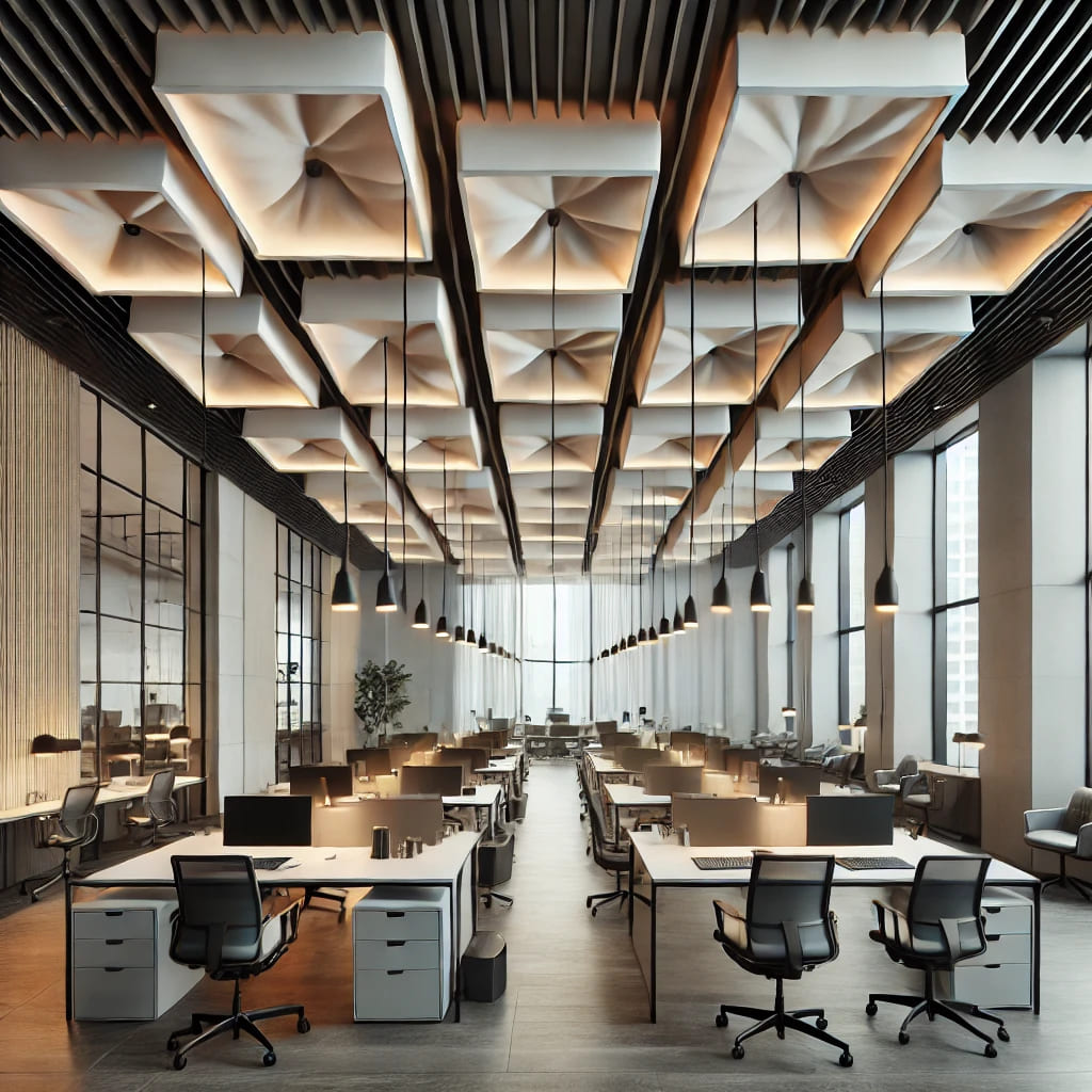 DALL·E 2024 10 22 09.22.33 An elegant and functional office space with acoustic ceiling panels. The ceiling consists of rectangular or square acoustic panels designed to improve