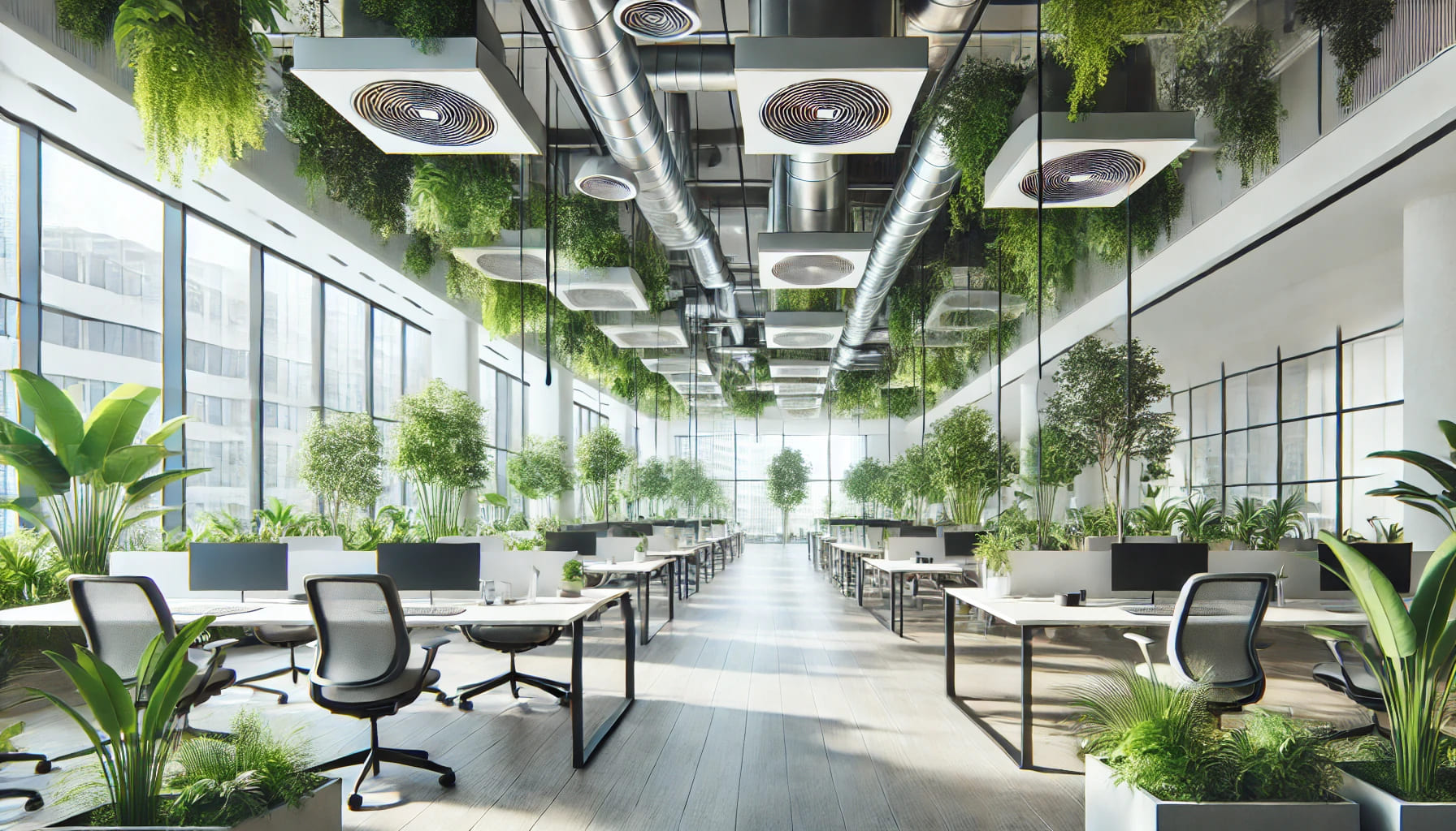 DALL·E 2024 10 22 09.23.39 A wide, modern office space with many plants scattered throughout, creating a refreshing, green environment. The ceiling features several ventilation