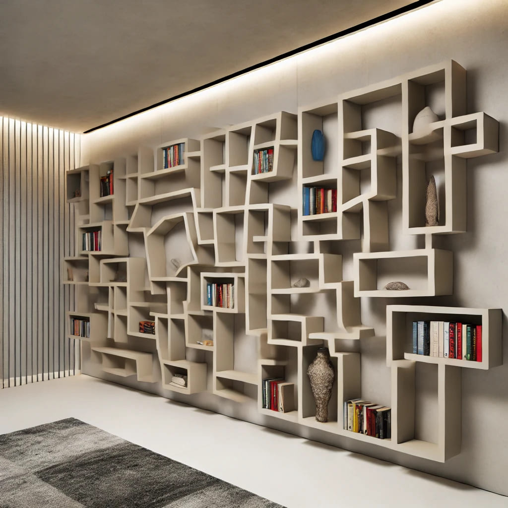 DALL·E 2024 10 22 09.26.30 A modern room with a unique wall mounted bookshelf designed like a labyrinth. The bookshelf has an intricate, maze like structure with various compart